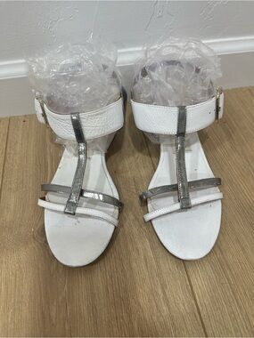 Lanvin Classy White and Silver T-Strap Block Heel Sandals